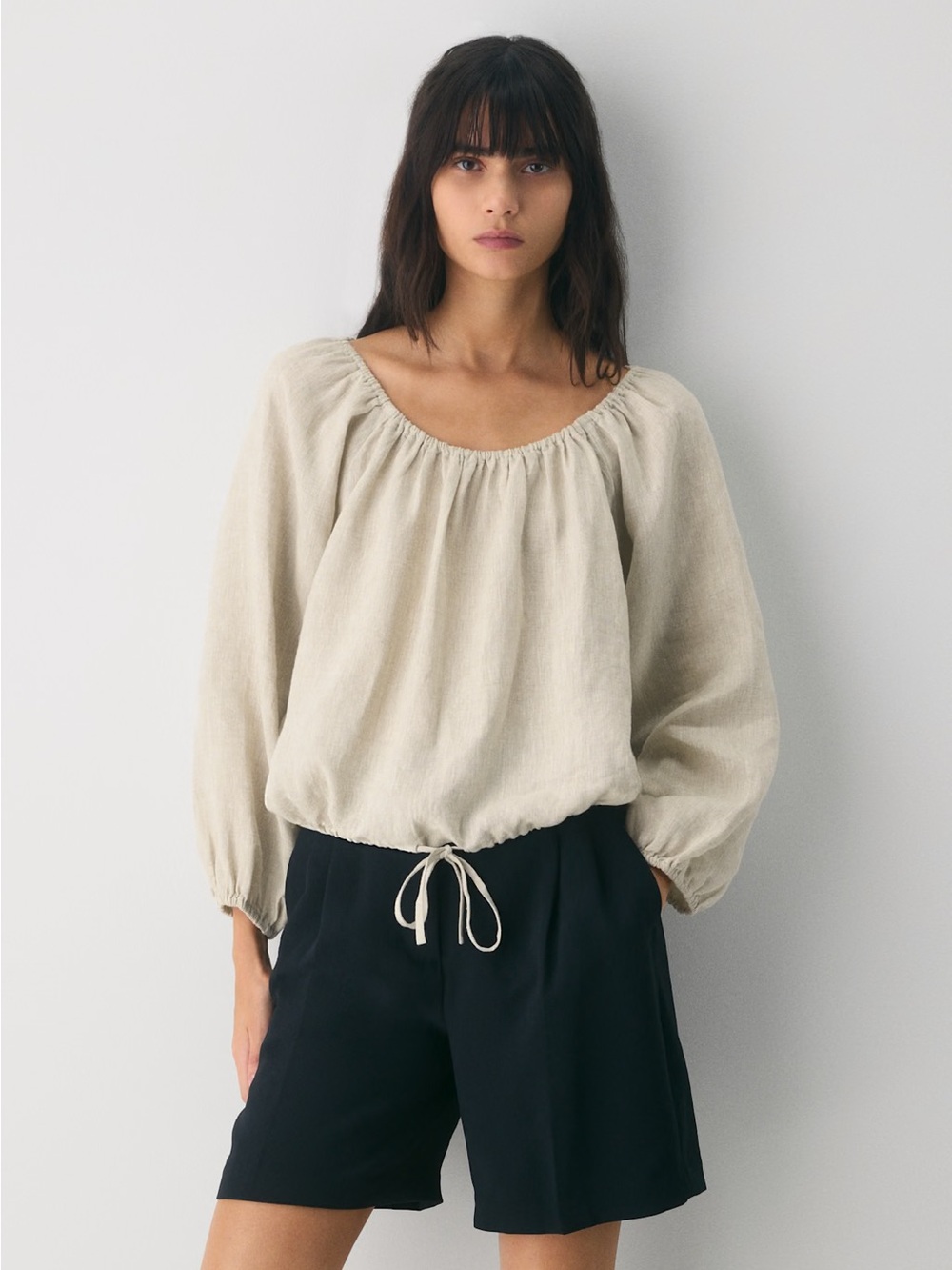 Aritzia Fiore Scoop-Neck Peasant Blouse in Light Beige